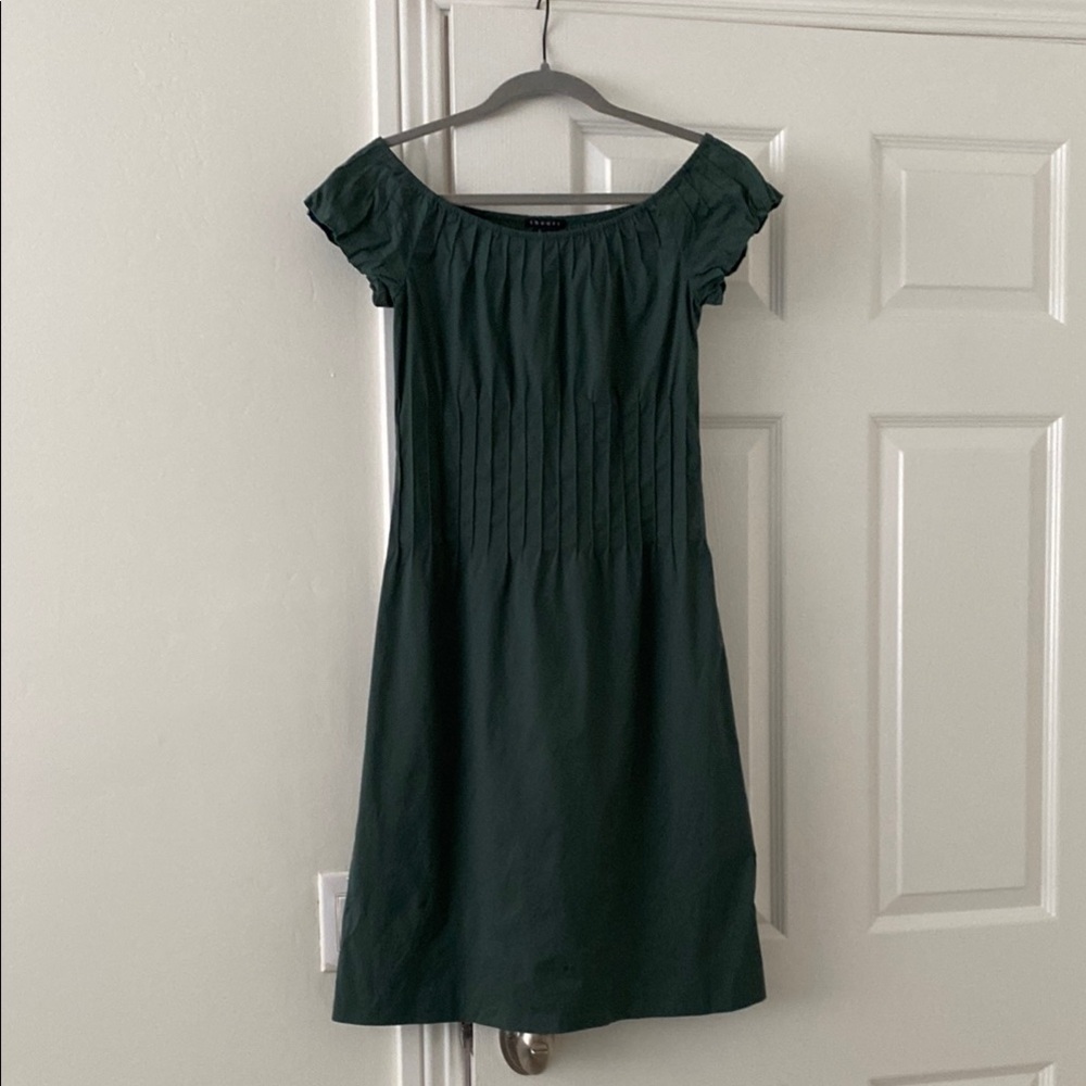 Theory Green Off-Shoulder Pintuck Dress